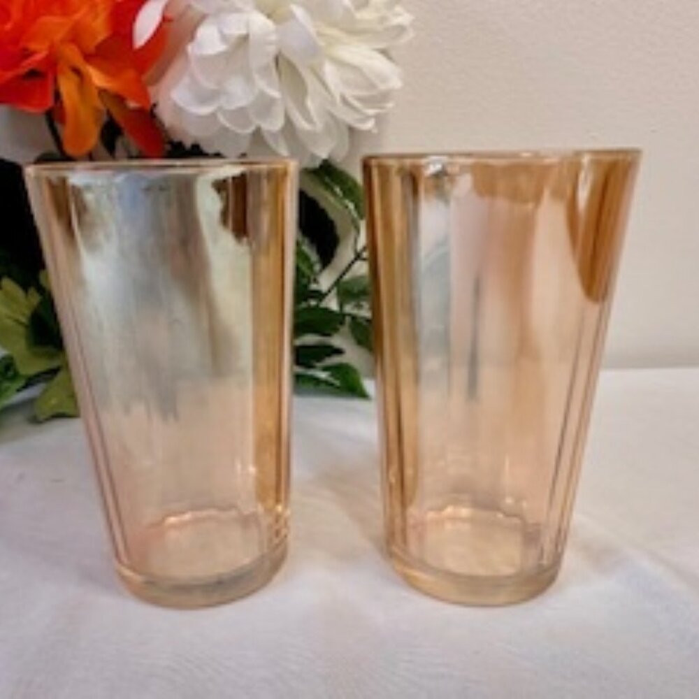Vintage Marigold Carnival Glass Tumblers – Iridescent‎ Amber Mid-Century Barware